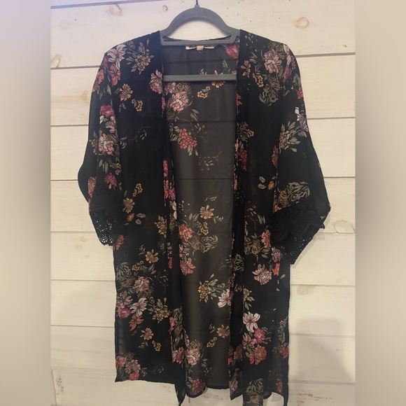 Wallflower Black and Pink Floral Kimono - Picture 1 of 11